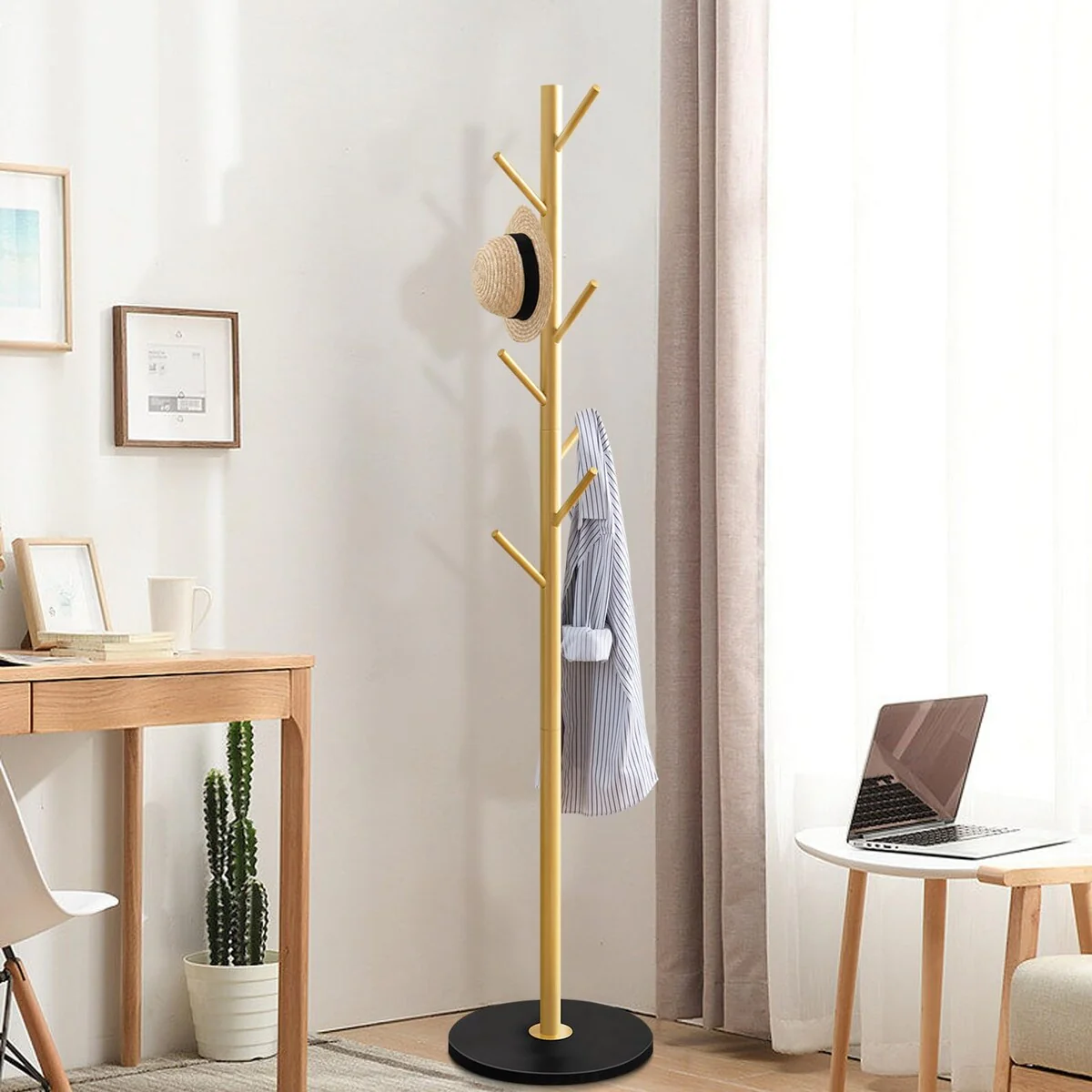 Metal Coat Rack Stand with Natural Marble Base, Coat Rack Freestanding, Sturdy Hall Tree with 8 Hooks for Hanging Clothes