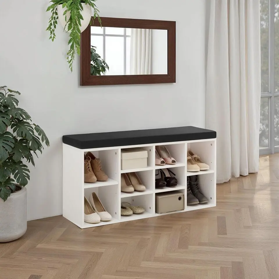 tectake Schoenenkast met zitkussen 103,5x48x30cm, Zwart / Wit