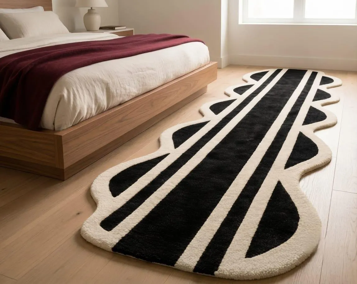 Modern Organic Shape Runner Rug, Hand Tufted Wool Carpet, Black White Entryway & Hallway Rug.