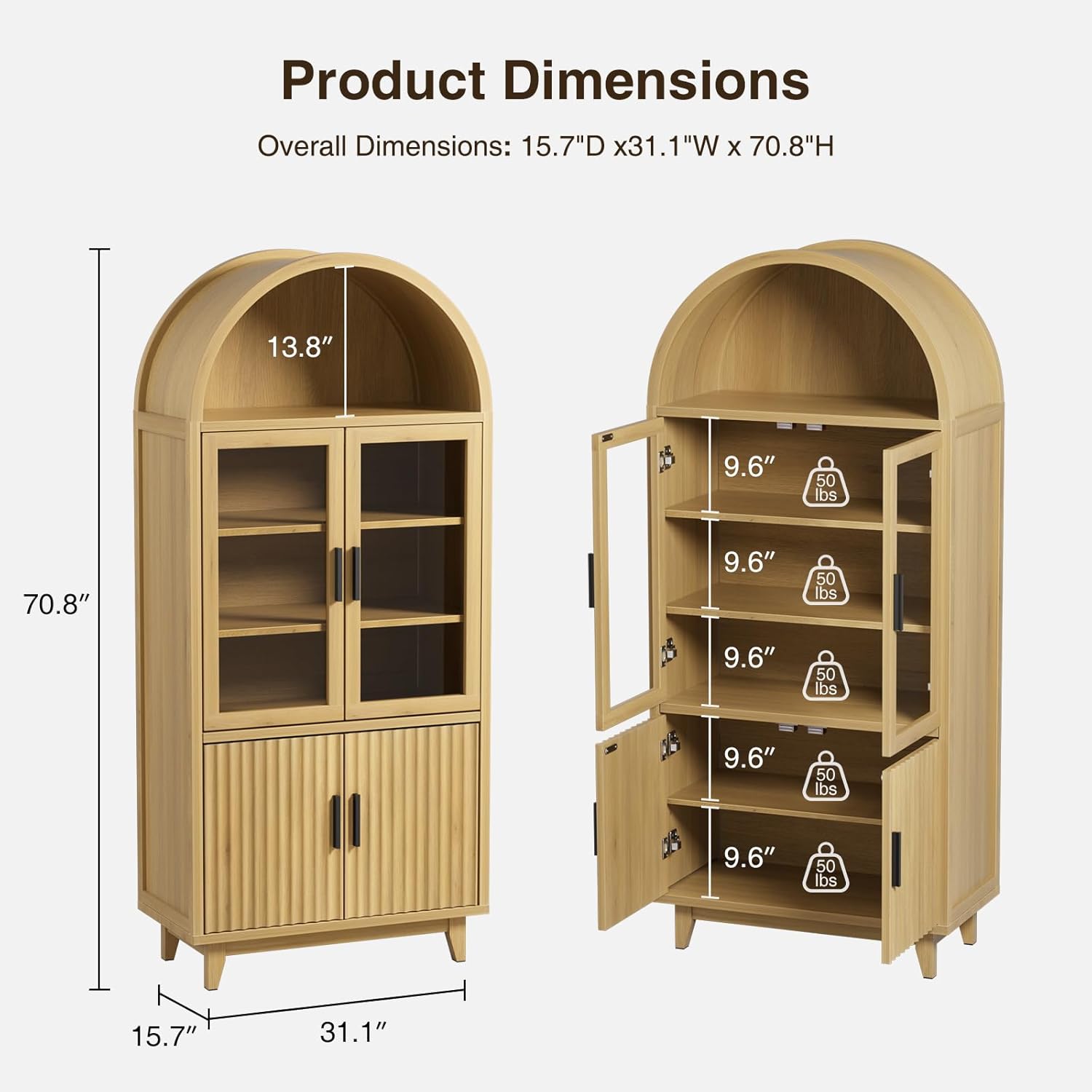 FiveWillowise Arched Cabinet with Glass Doors, 71 Tall Fluted Galss Cabinet with Solid Wood Legs, Adjustable Shelves Accent Furniture for Living Room, Kitchen, Dining Room, Entryway, Natural