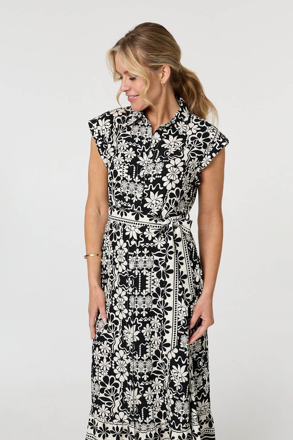 Izabel London Floral Cap Sleeve Tie Midi Shirt Dress