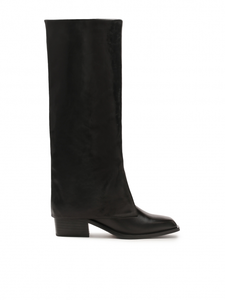 Black leather boots with turned-up upper