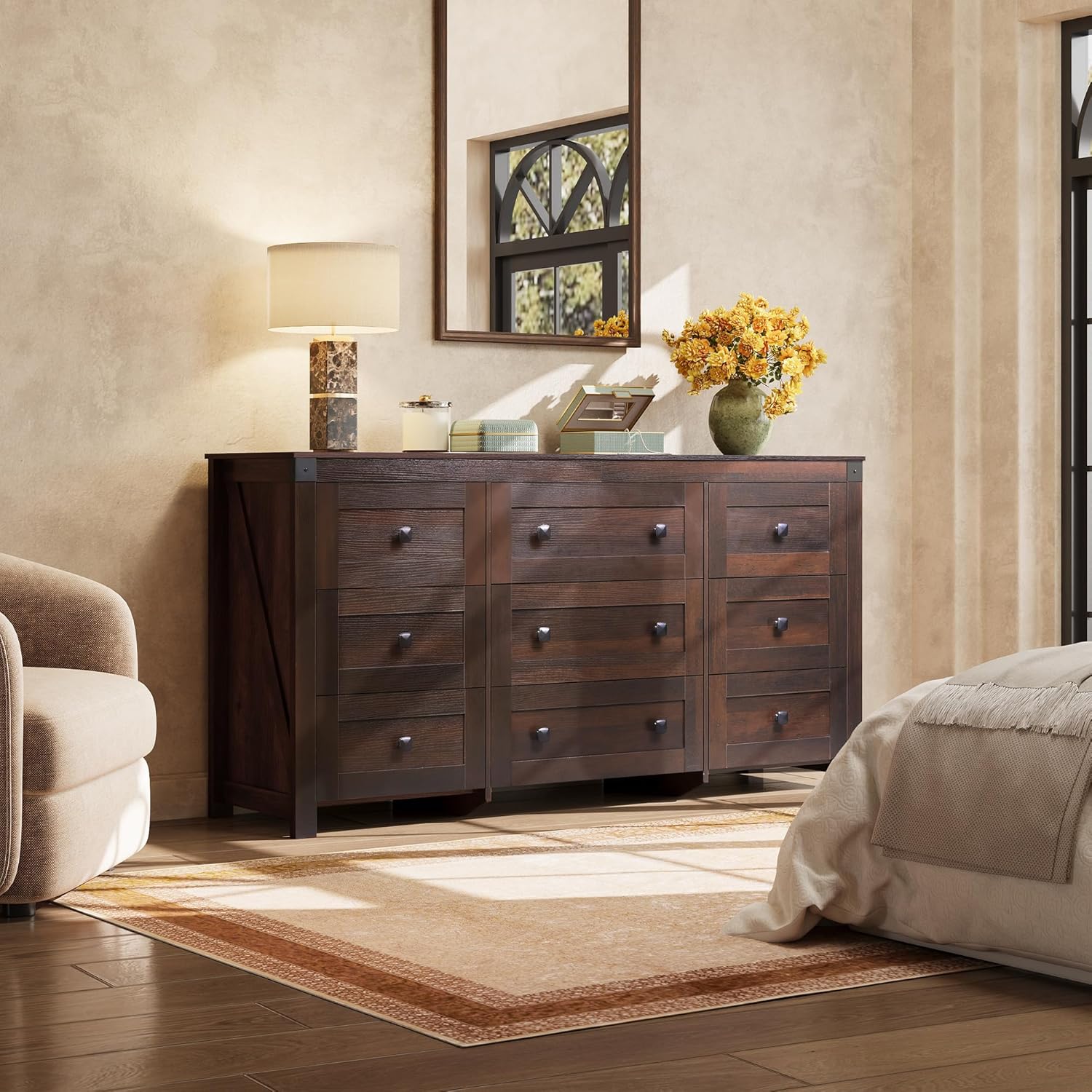 WLIVE Farmhouse Dresser for Bedroom, 63 Wide 9 Drawer Dresser Storage Organizer, Wood Chest of Drawers for Bedroom, TV Stand for 70 inch TV for Living Room, Hallway, Ball Bearing Slide (Brown)