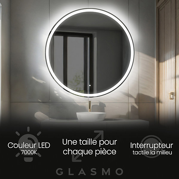 Miroir de Salle de Bain LED - Anna, 100x100 cm, LED Lumineux Miroir, Blanc Froid 7000K, Interrupteur Tactile