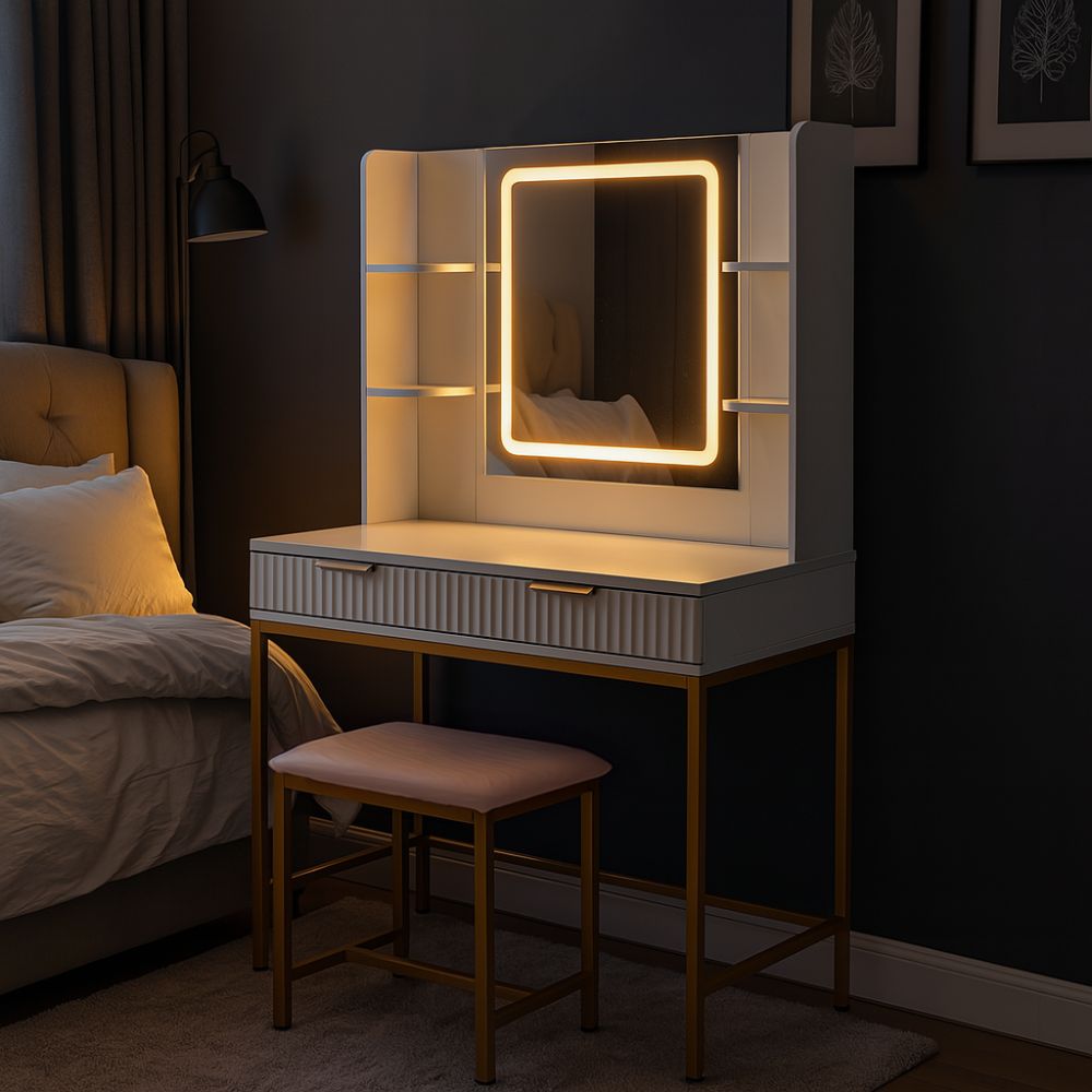 KOSY KOALA Dressing Table Set with LED Mirror, Side Shelves and Stool - White and Gold for Bedroom