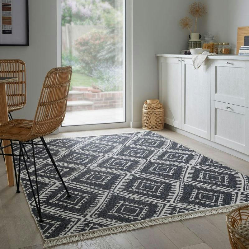 ALIX - Tapis en coton recyclé blanc et noir motifs losanges 120 x 170