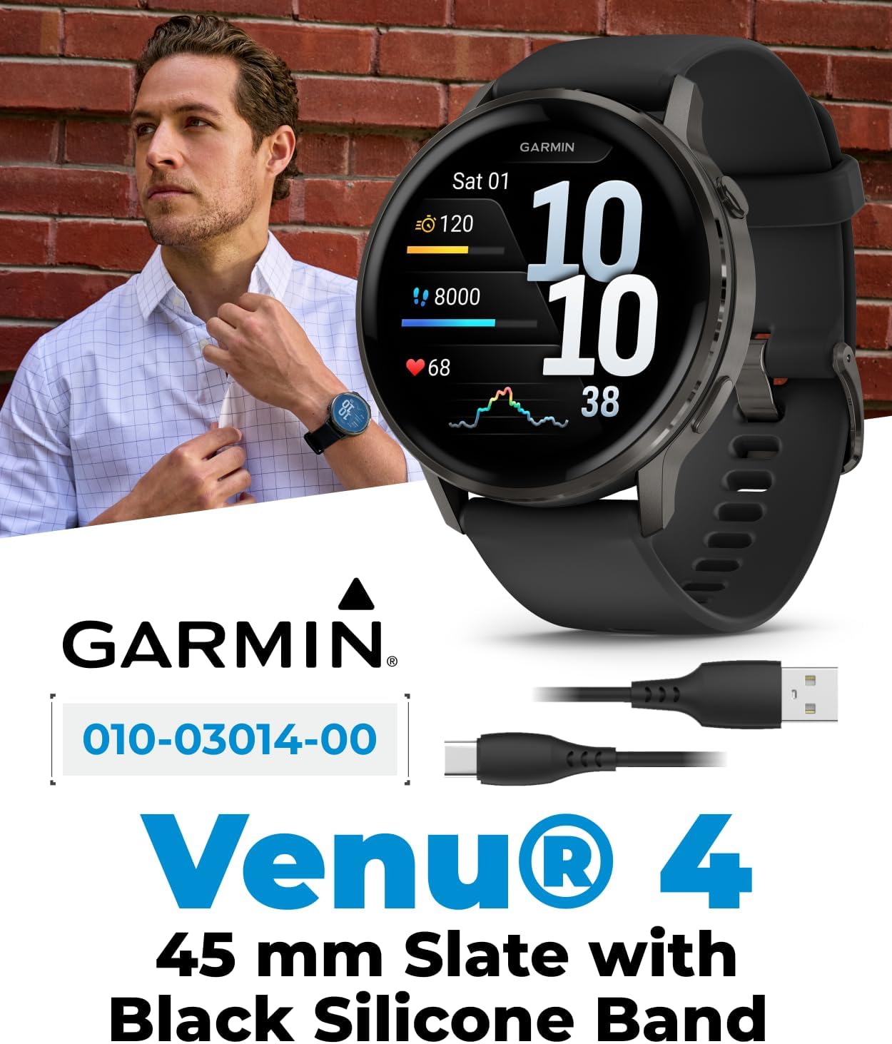 Garmin Venu 4 45mm AMOLED Advanced Health & Fitness GPS Smartwatch  Bright & Colorful Display  Built-in Flashlight  Up to 12 Days  Slate with Black Silicone Band w/Wearable4U Black Earbuds Bundle