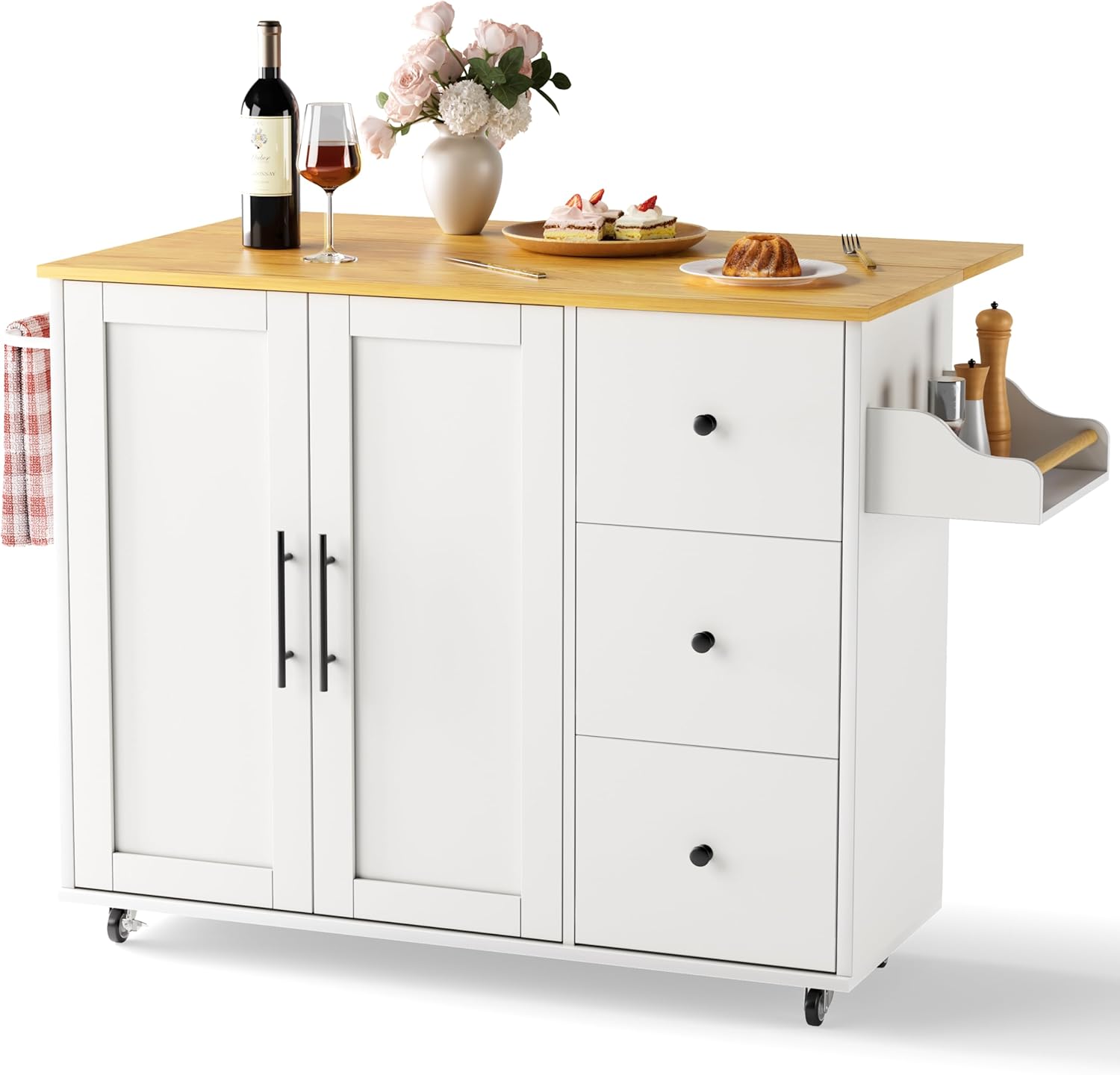 GRUSIGN Kitchen Island on Wheels with Storage-Multifunctional Kitchen Island Cart with Drop Leaf, Rolling Island with Spice/Towel Rack,Expandable Island Table Kitchen,39.37 Width,White