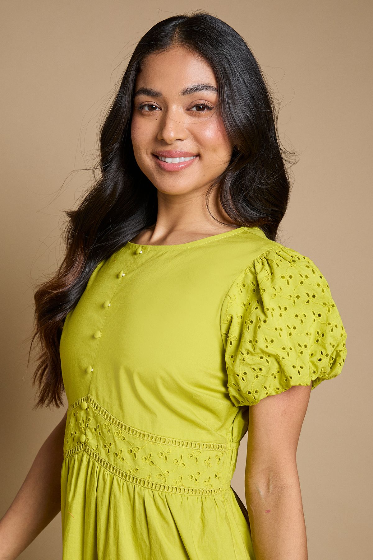 Dorothy Perkins Petite Button Front Puff Sleeve Broderie Midi Dress