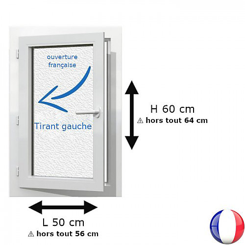 Fenêtre PVC 1 vantail H 60 x L 50 cm OF verre brouillé pour pose en neuf - tirant gauche