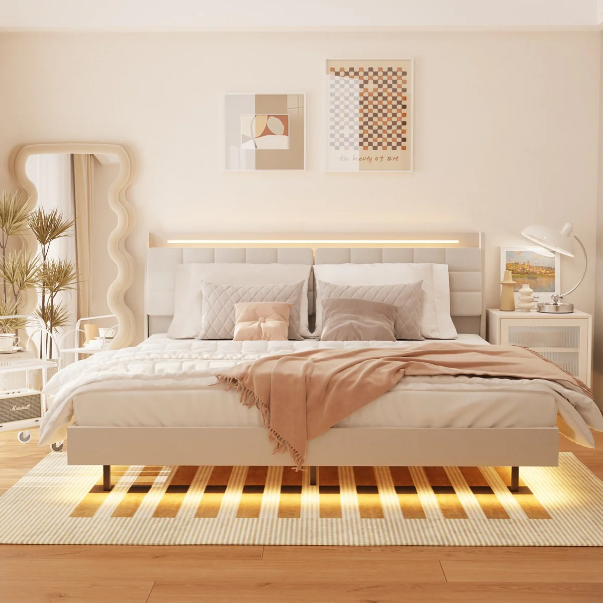 King Floating Bed Frame with LED Light, Charging Station Bed Frame King with Headboard&Storage Space, No Box Spring Needed