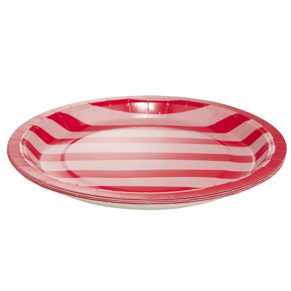 Assiette carton x8 thème piment bayadère rayures roses et rouges Ø23cm