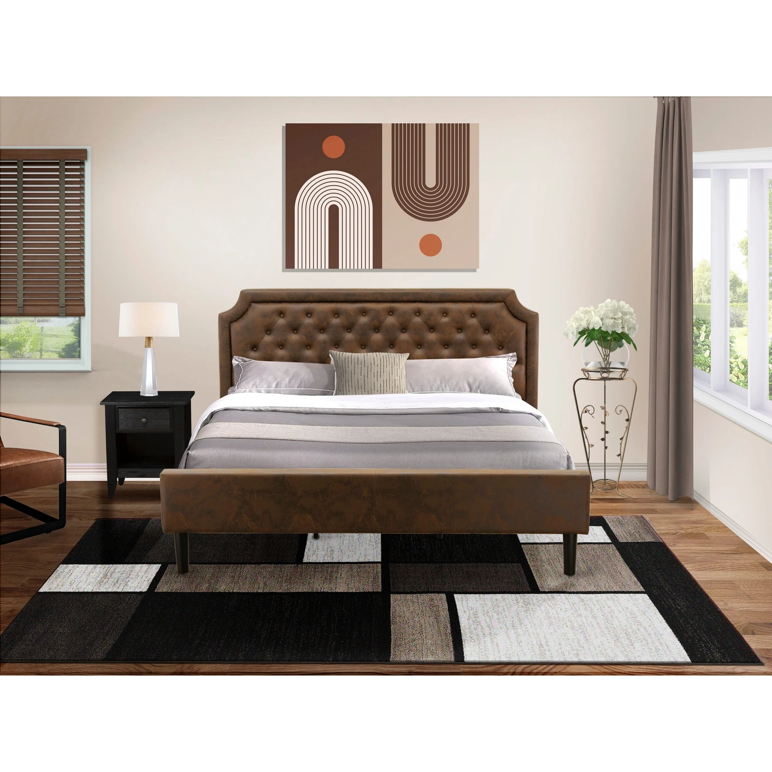 2-Piece Granbury Bedroom Set with frame and Wire Brushed Black Nightstand - Dark Brown faux leather and Black Legs(Size Option)