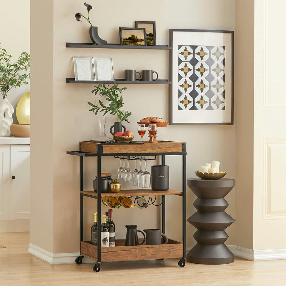 - Chariot de service 3 niveaux effet bois et métal noir