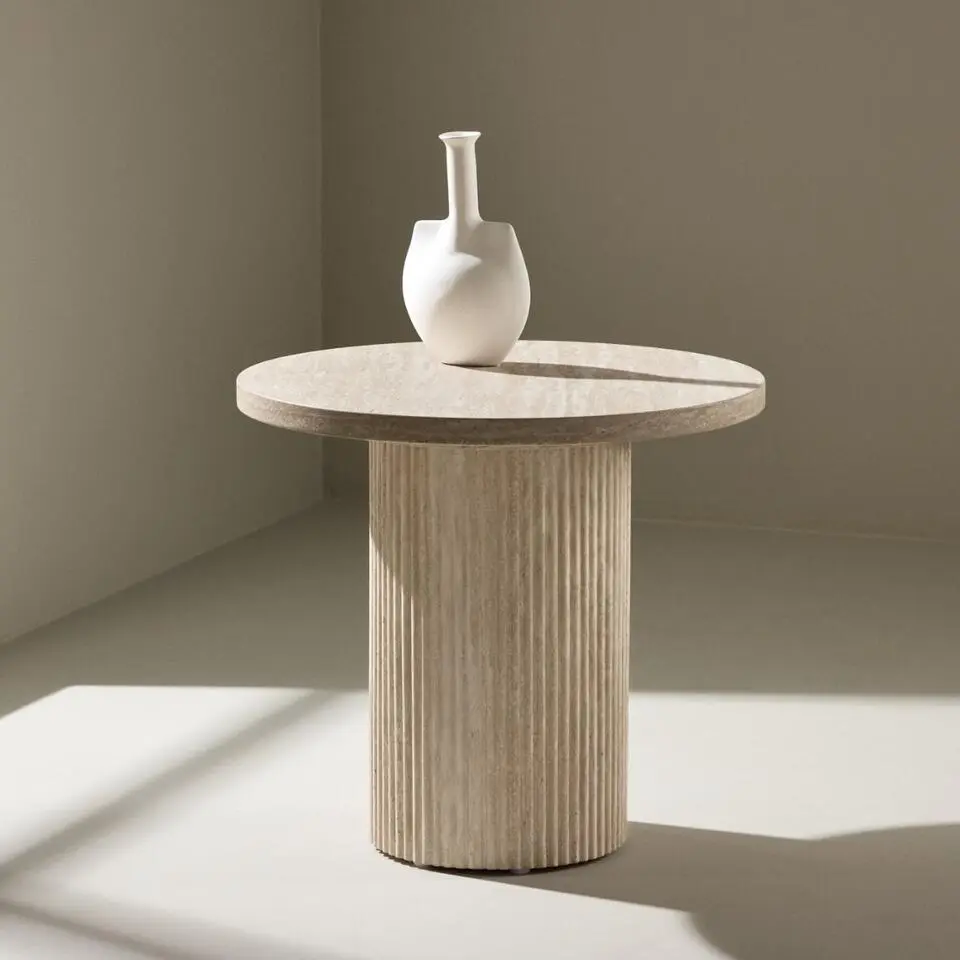 Salontafel Rond - Beige Travertinlook MDF - 50x50x45cm - H&auml;r&ouml;n