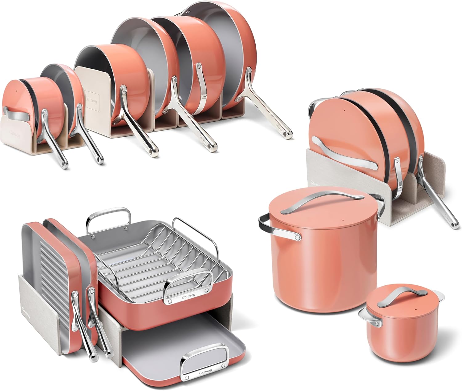 Caraway 31-Piece Ceramic Cookware Bundle - Fry Pans, Saucepans, Sauté Pan, Dutch Oven, Petite Cooker, Stir Fry, Rondeau, Stock Pot, Grill & Griddle Pans, Roasting Pan, Racks, Organizers - Perracotta