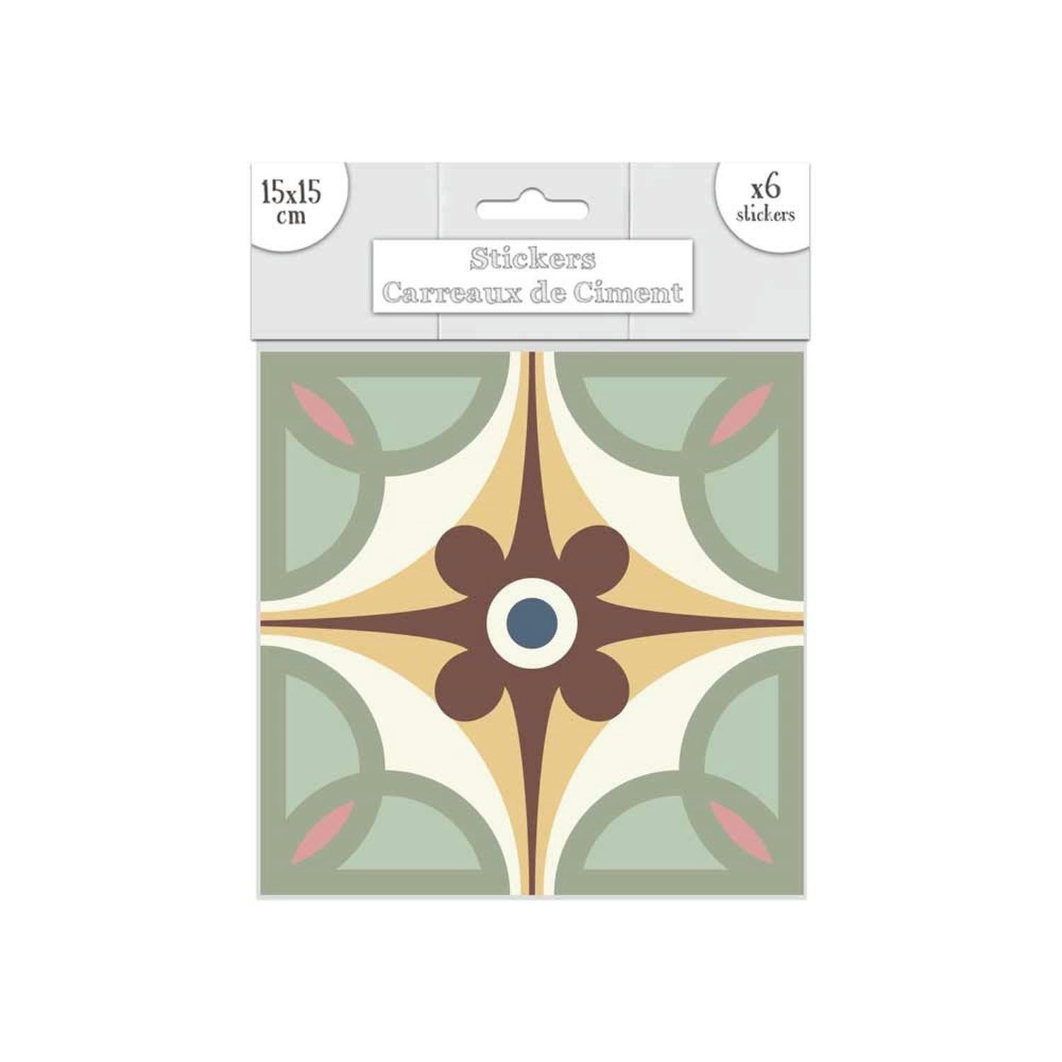 - 6 stickers carreaux de ciment 15 x 15 cm bleu et beige