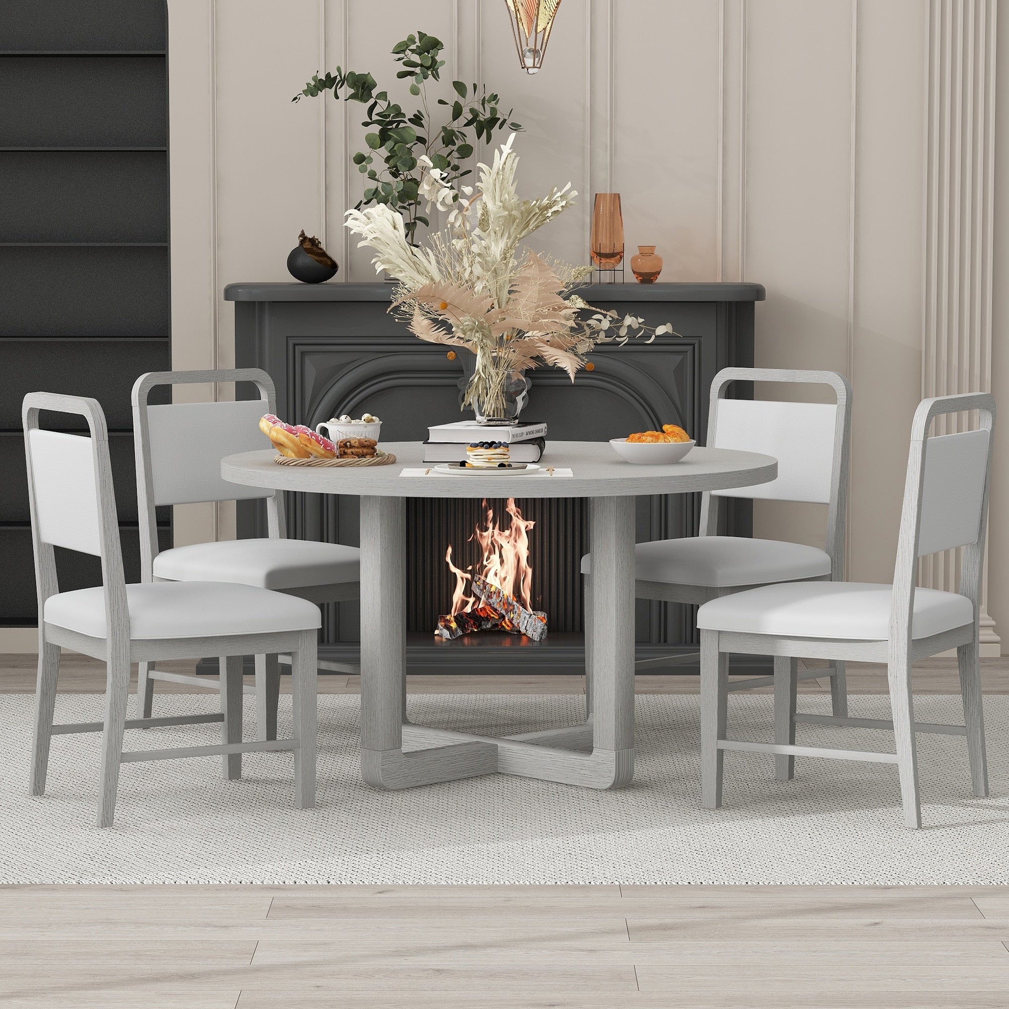 Retro Style 5-piece Dining Table Set with Radial Wood Grain Design and 4 Upholstered Chairs