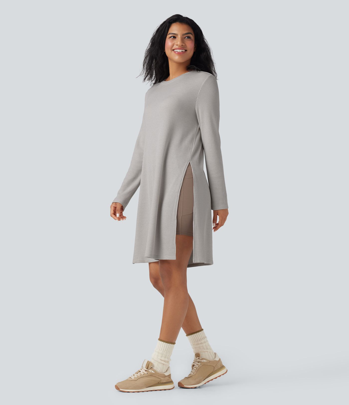 Sweat décontracté long col rond manches longues maille gaufrée