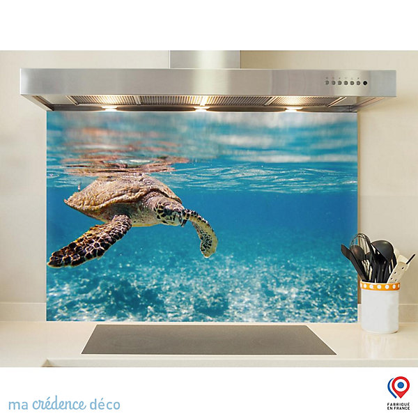 Crédence cuisine fond de hotte Tortue marine aux Seychelles - Verre trempé - L 90 cm x H 60 cm - MaCrédenceDéco