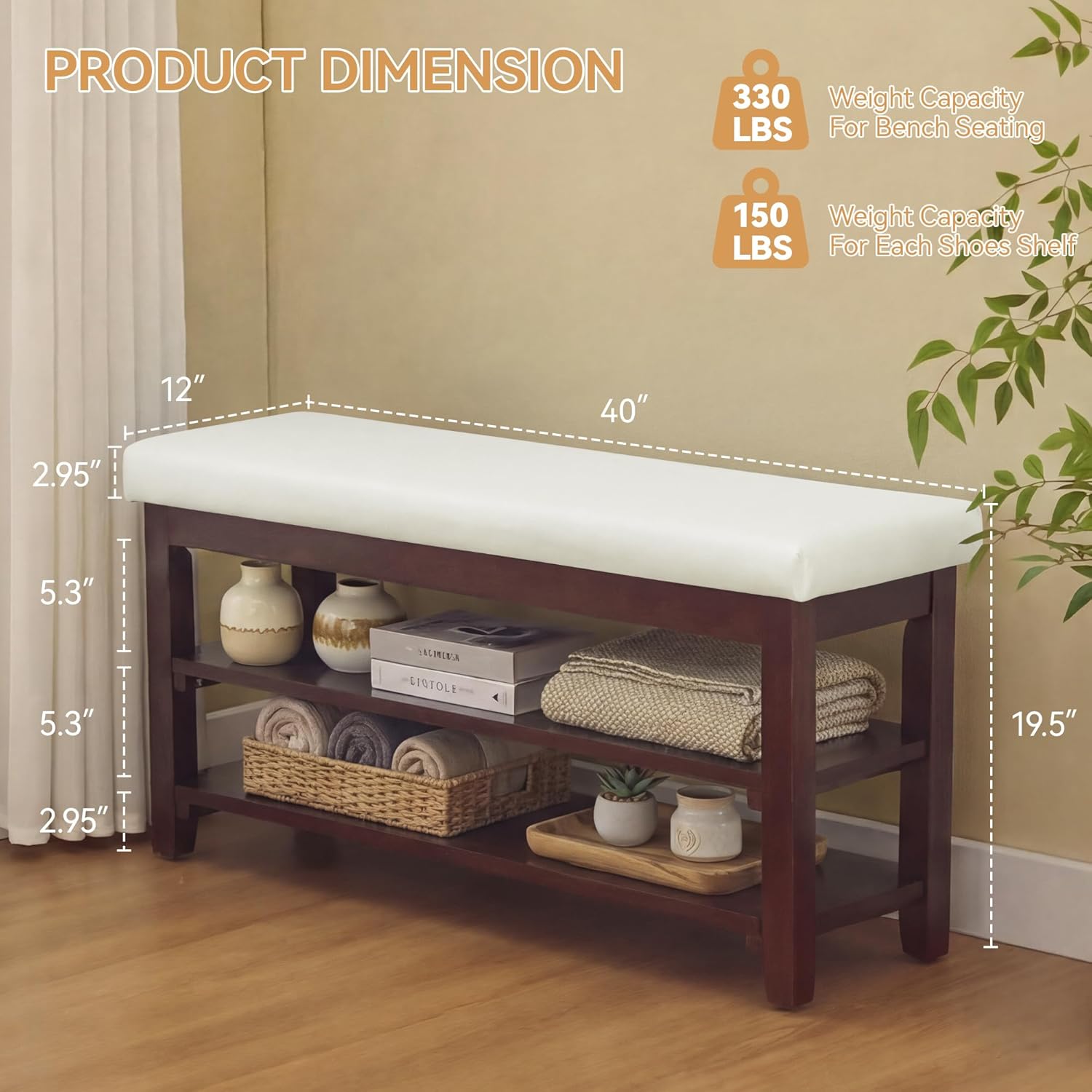 40 Shoe Storage Bench, Entryway Benches with Storage, Upholstered Storage Bench with Leather Cushion, Solid Wooden 2 Tier Rack Shoe Organizer for Entry Way, Bedroom, Living Room, Beige