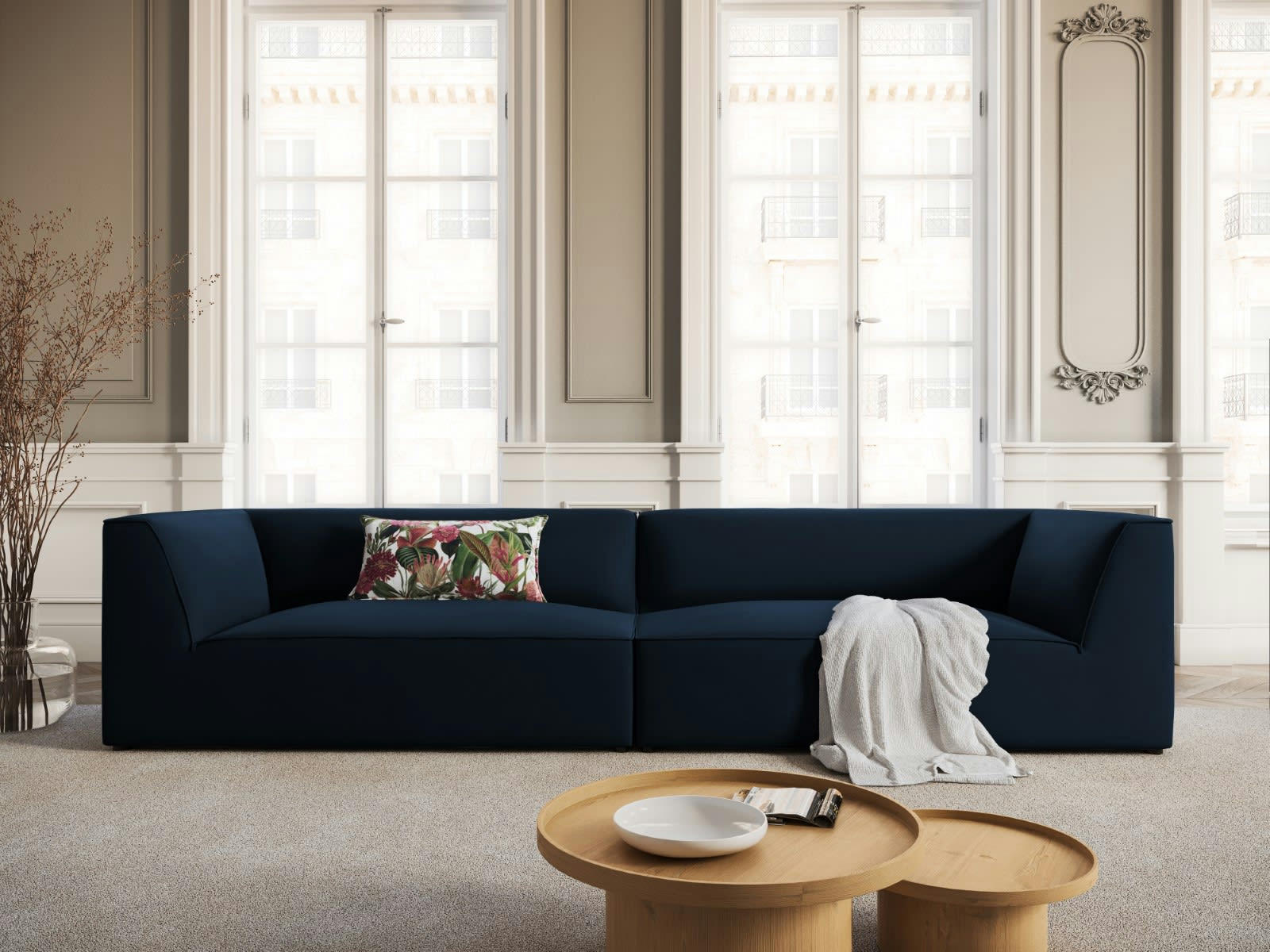 CHARLES - Canapé 4 places en Velours Bleu Foncé