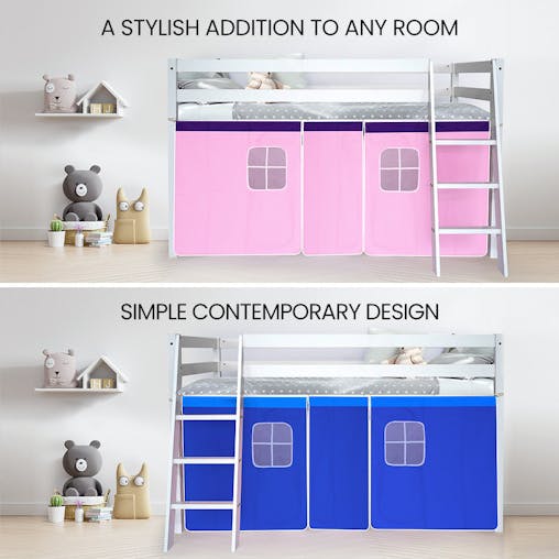 NNEMB Wooden Kids Single Loft Bed Frame-Hiding Space Underneath with Interchangeable Pink and Blue Curtains
