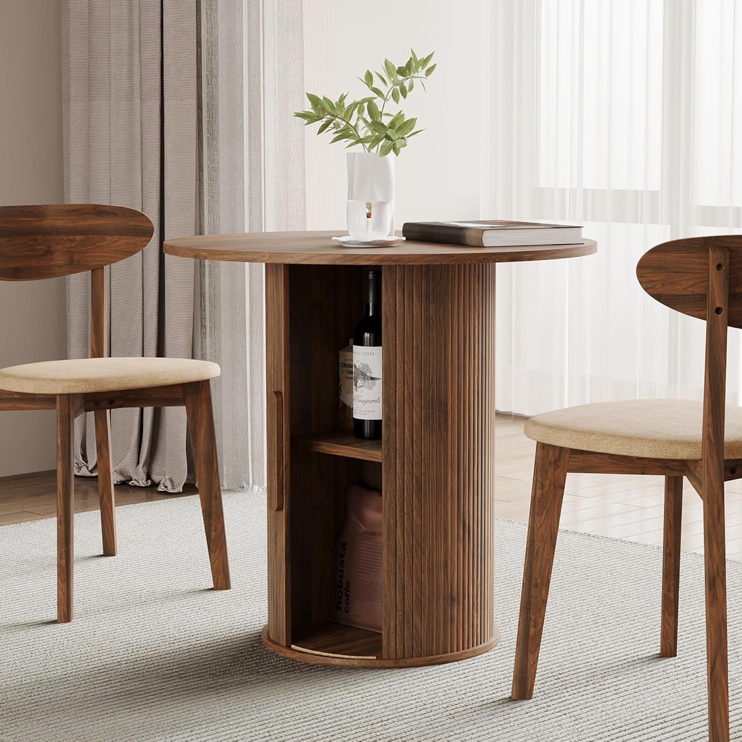 31.5 Round Dining Table for 2-4, Modern Farmhouse Kitchen Table with 2-Tier Storage Shelf, Small Wooden Circle Dining Tables with Fluted Base for Home Dining Room Living Room (Walnut)