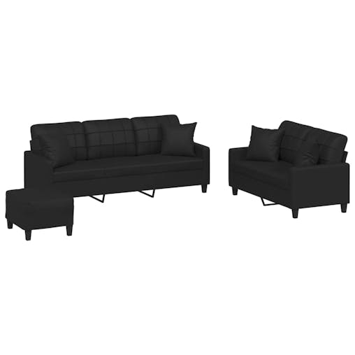 NNEVL 3 Piece Sofa Set with Pillows Black Faux Leather