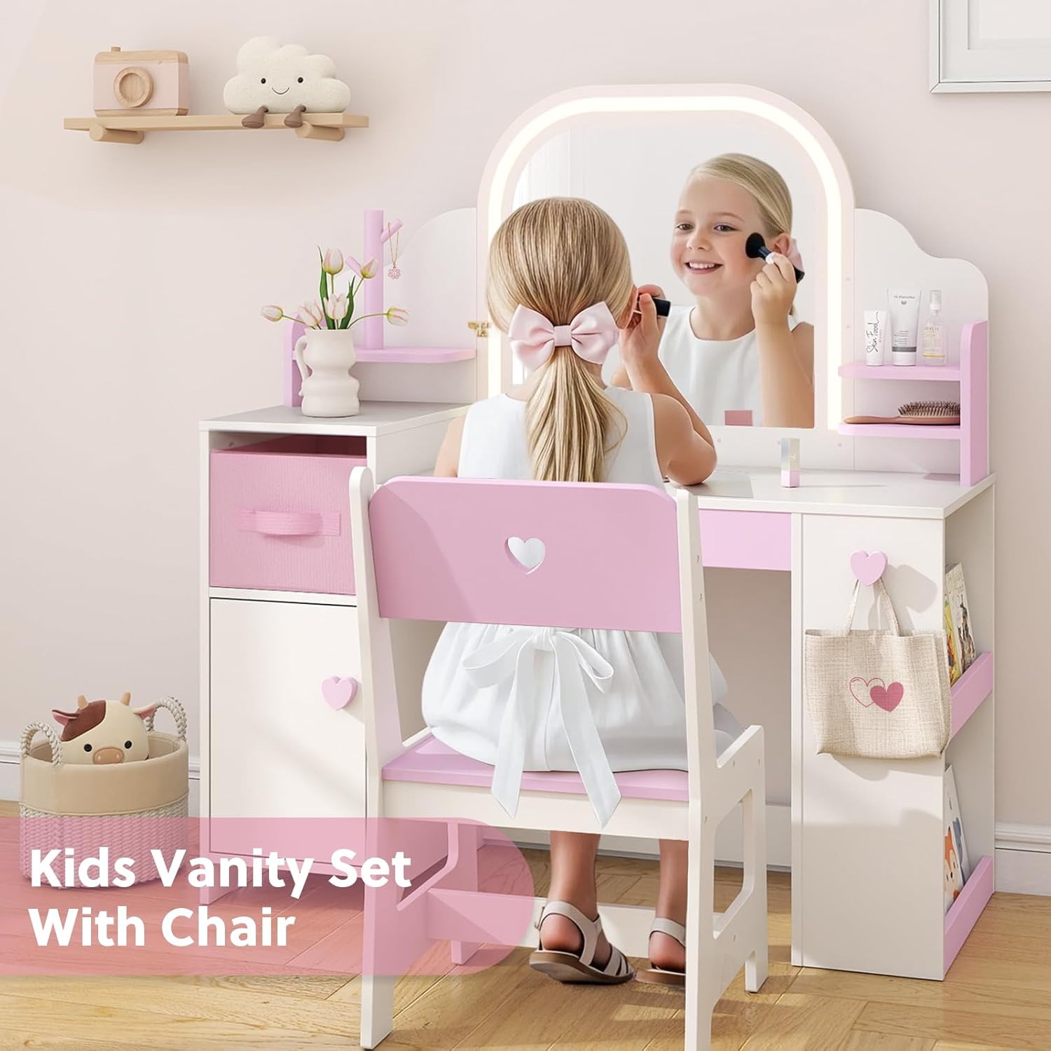Kids Vanity with Lights and Chair, Princess Makeup Vanity Desk with Mirror Bookshelf Storage Cabinet,3 in 1 Toddler Vanity Table,Children Makeup Dressing Table,Pretend Play Vanity Set for Little Girl