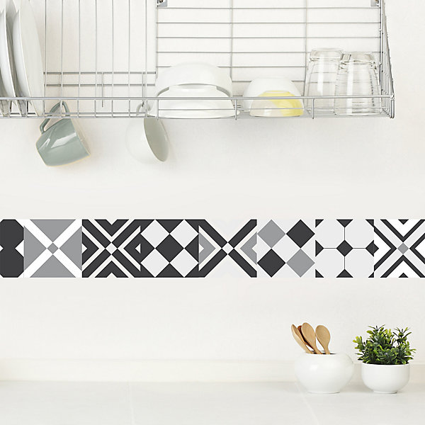 Frise adhésive autocollante Faenza, 15 cm X 300 cm, déco intérieure, style graphique, imitation carrelage carreaux de ciment ancie