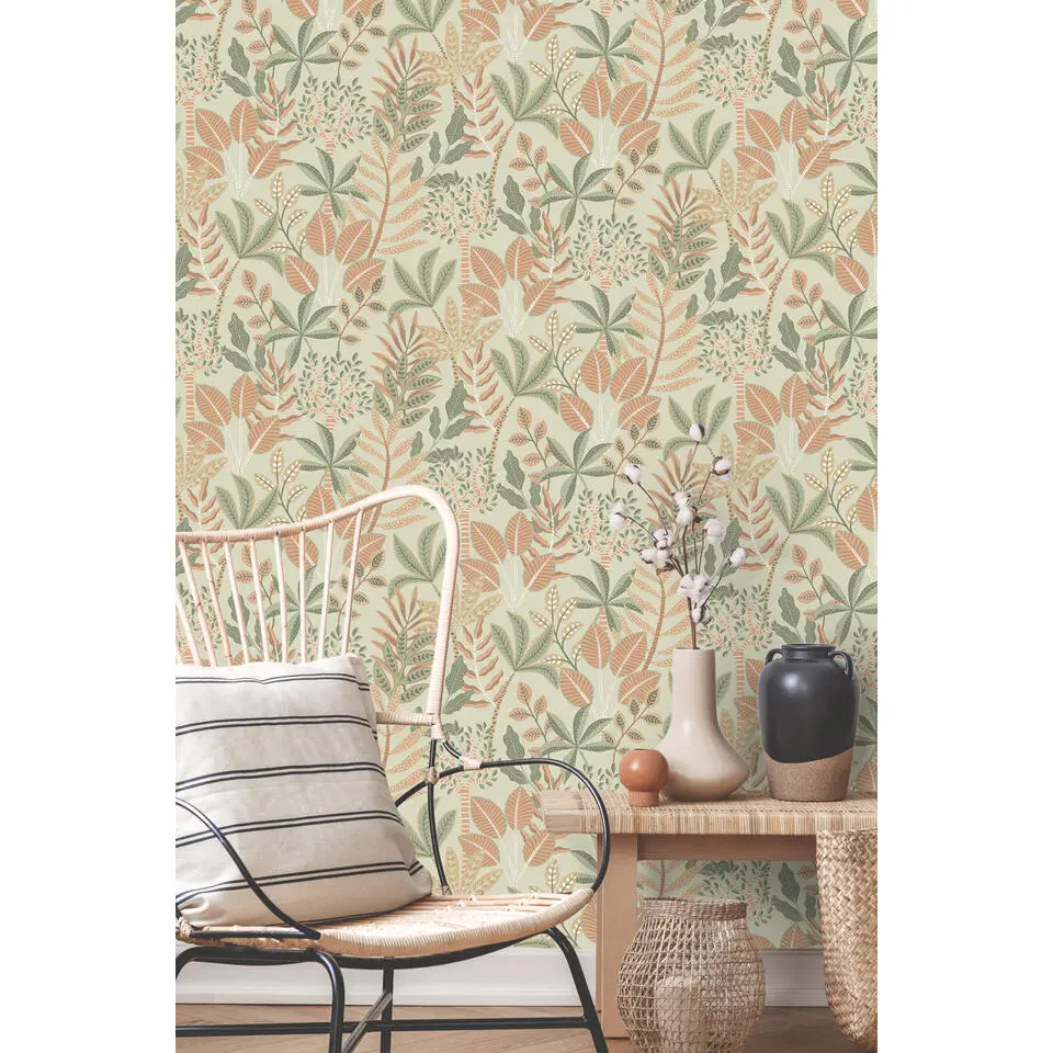 ESTAhome behang bladeren groen en terracotta roze - 50 x 900 cm