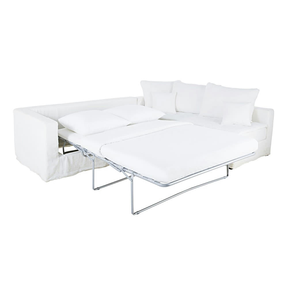 Célestin - Canapé d'angle droit convertible 5 places en lin lavé blanc