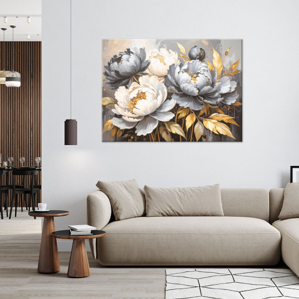 Obraz do salonu sypialni, Piwonie Kwiaty Glamour Szary 30x20