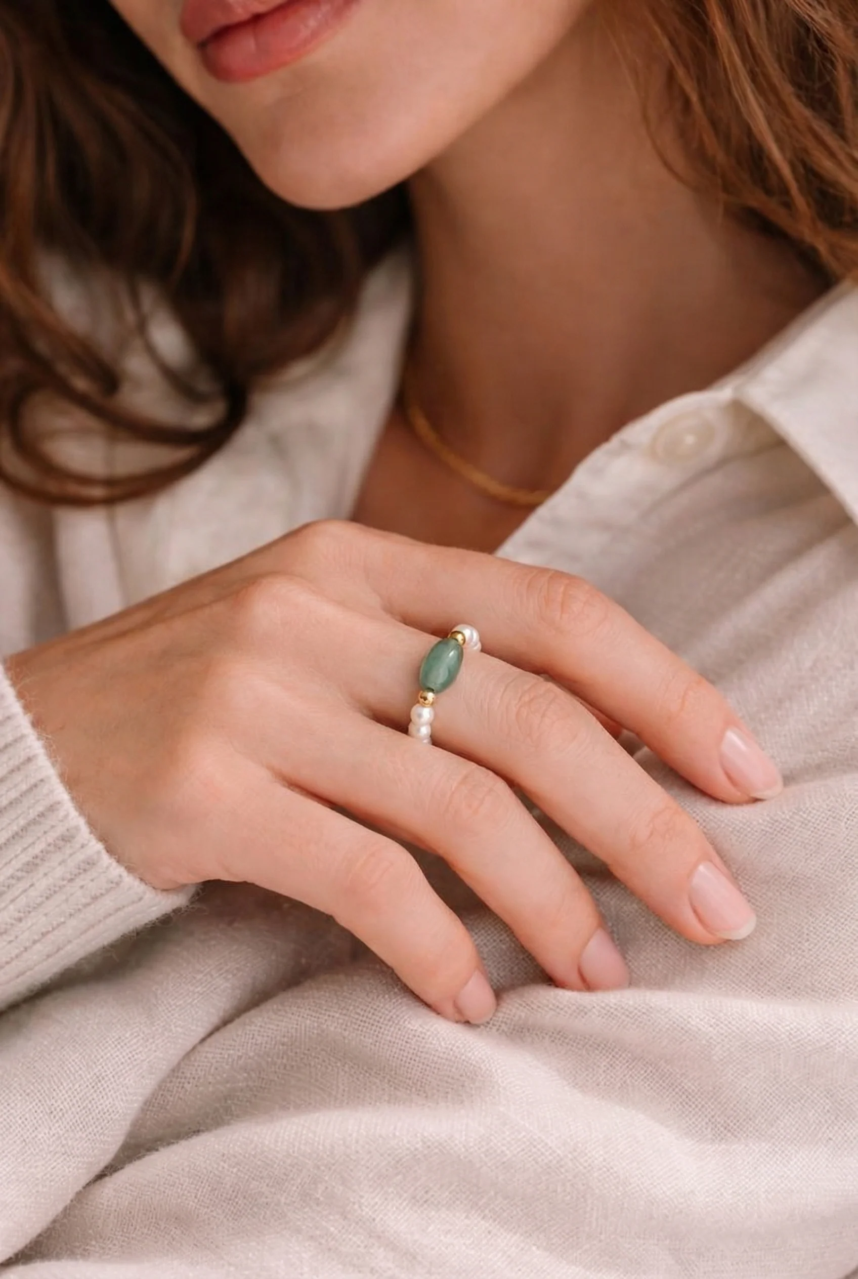 Isa — Jade and Beaded Pearl Stretch Ring