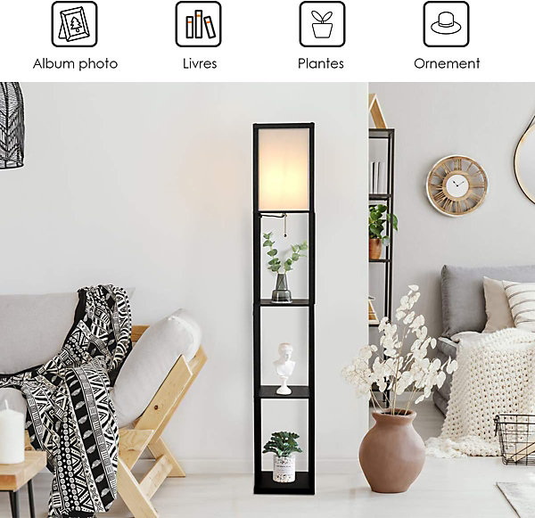 Lampadaire Interieur avec Tablettes de Rangement a 3 Niveaux Lampe sur Pied Abat jour en Tissu Ampoule E27 60W NON Inclue