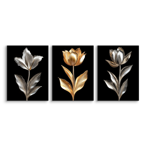 3x Obraz Set Złote Srebrne Kwiaty W Stylu Glamour 90x40cm