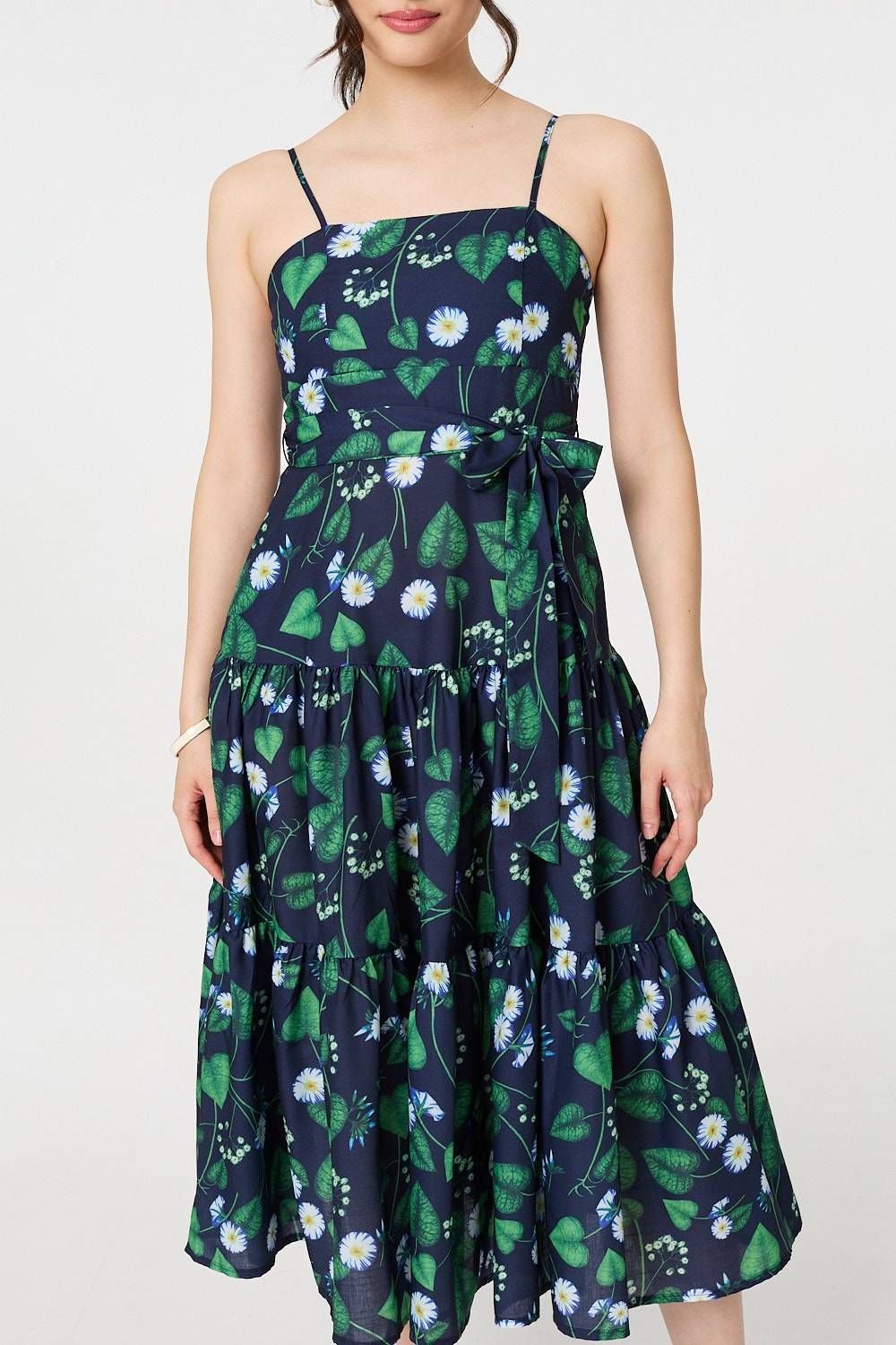 Izabel London Floral Sleeveless Tie Waist Midi Dress