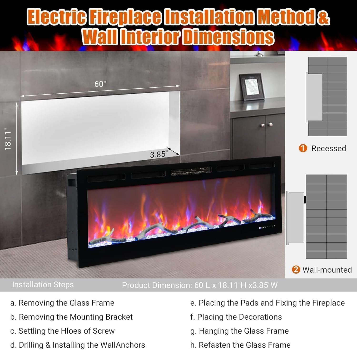 60 Recessed and Wall Mounted Electric Fireplace, Smart WiFi Infrared Electric Fireplace with Remote Control, Adjustable Flame Color, 750/1500W Fireplace Heater and Linear Fireplace, Black