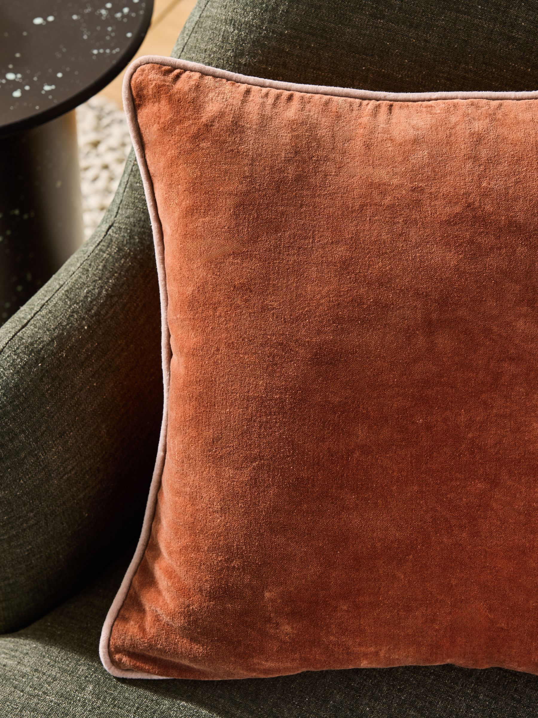 Bailey Cotton Velvet Piped Cushion in Rust Brown