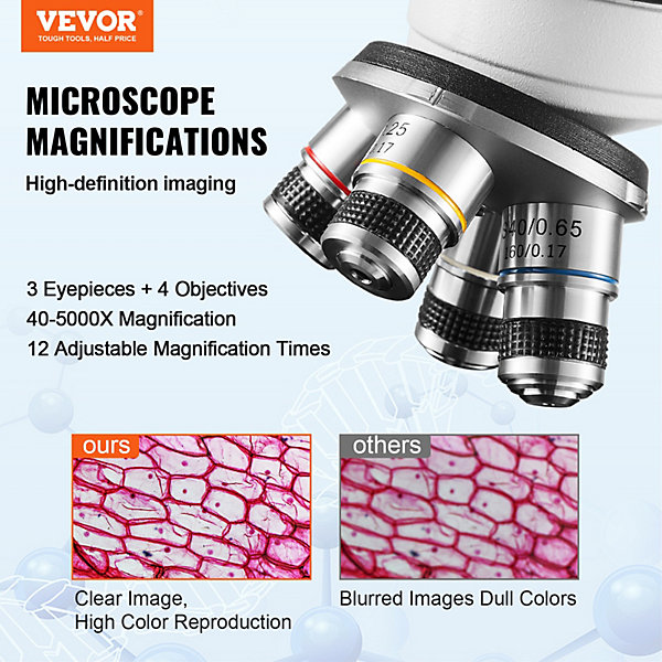 Microscope trinoculaire composé 40X-5000X, mise au point fine, platine 2 étages, interface PC.
