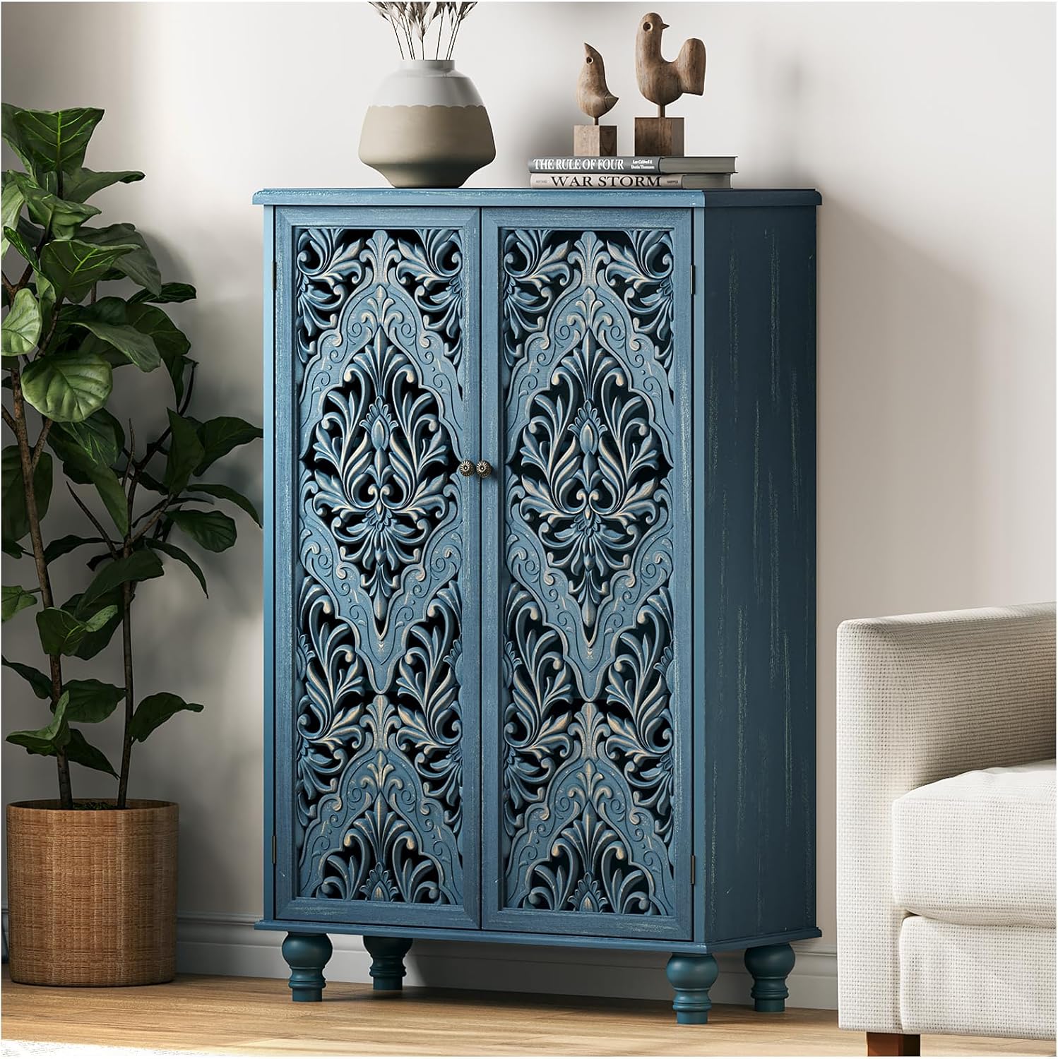 JOINICE 47 Tall Accent Cabinet with Navy Blue Mandala Carved Doors, Solid Wood Legs Storage Cabinet with 100 lbs Capacity, Boho Farmhouse Sideboard Buffet for Entryway, Living Room & Coffee Bar
