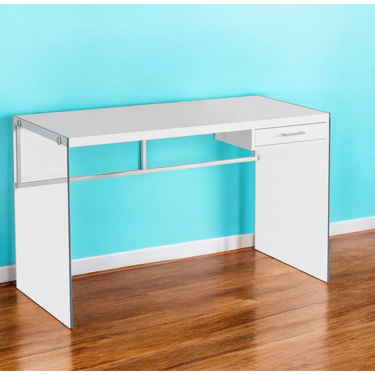 White Wood Computer Desk with Metal Base, Drawer and Cable Management