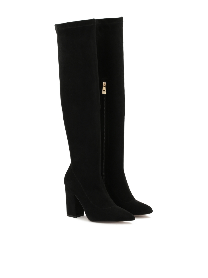 Black over-the-knee boots with stiletto heel made of fabric