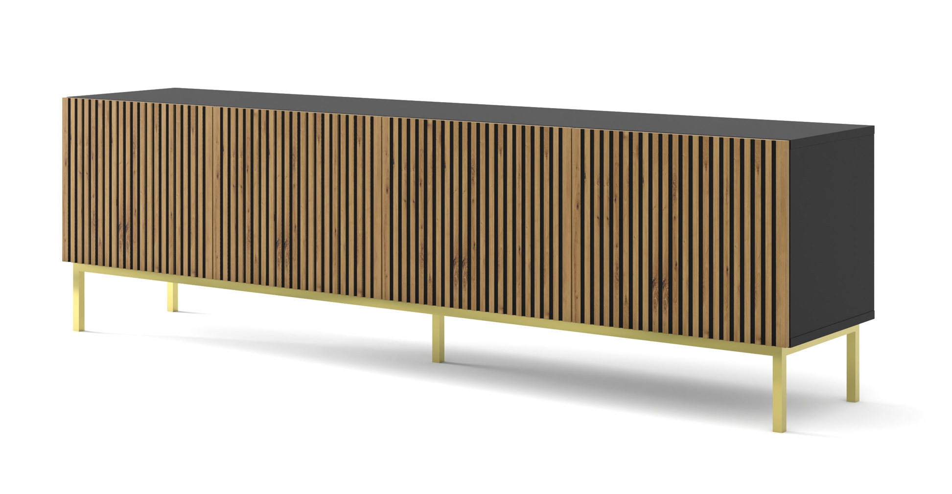 Szafka RTV RAVENNA F 200 cm 4D czarny mat / dąb artisan   RAMA ZŁOTA