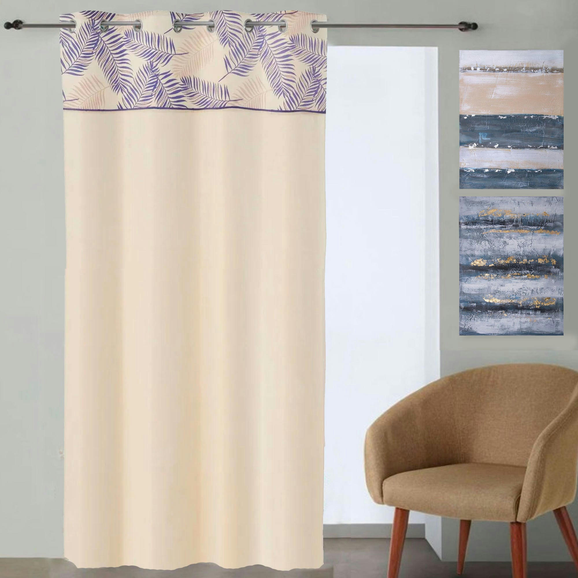 - Rideau à oeillets bleu et beige feuillage à l'unité 140x260cm