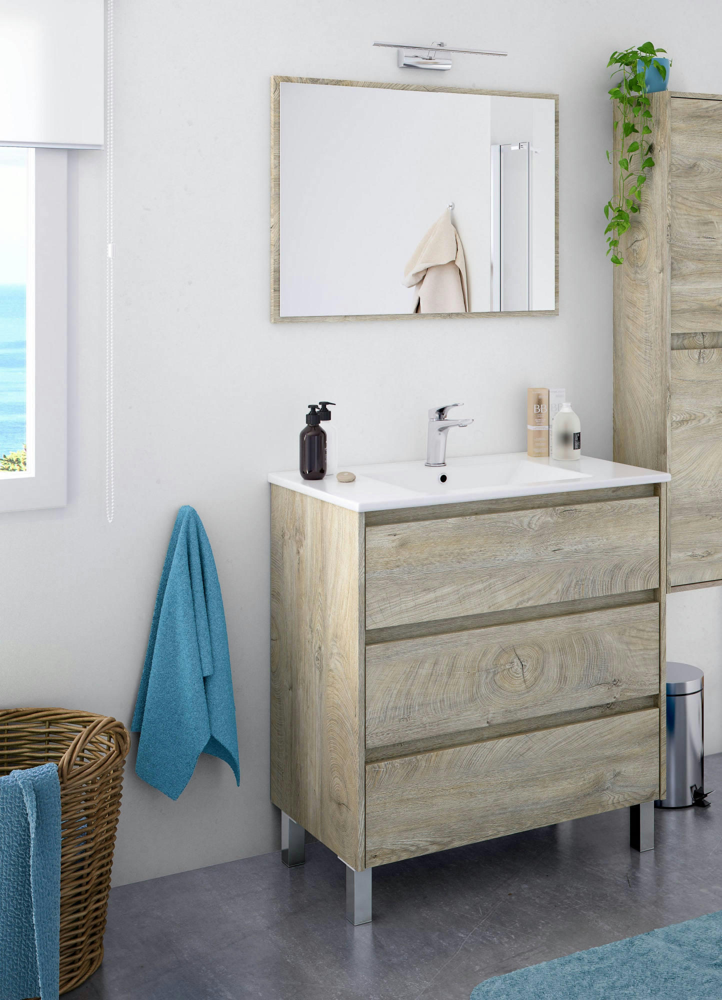 DGADD - Meuble sous-vasque avec 3 tiroirs et miroir effet bois chêne