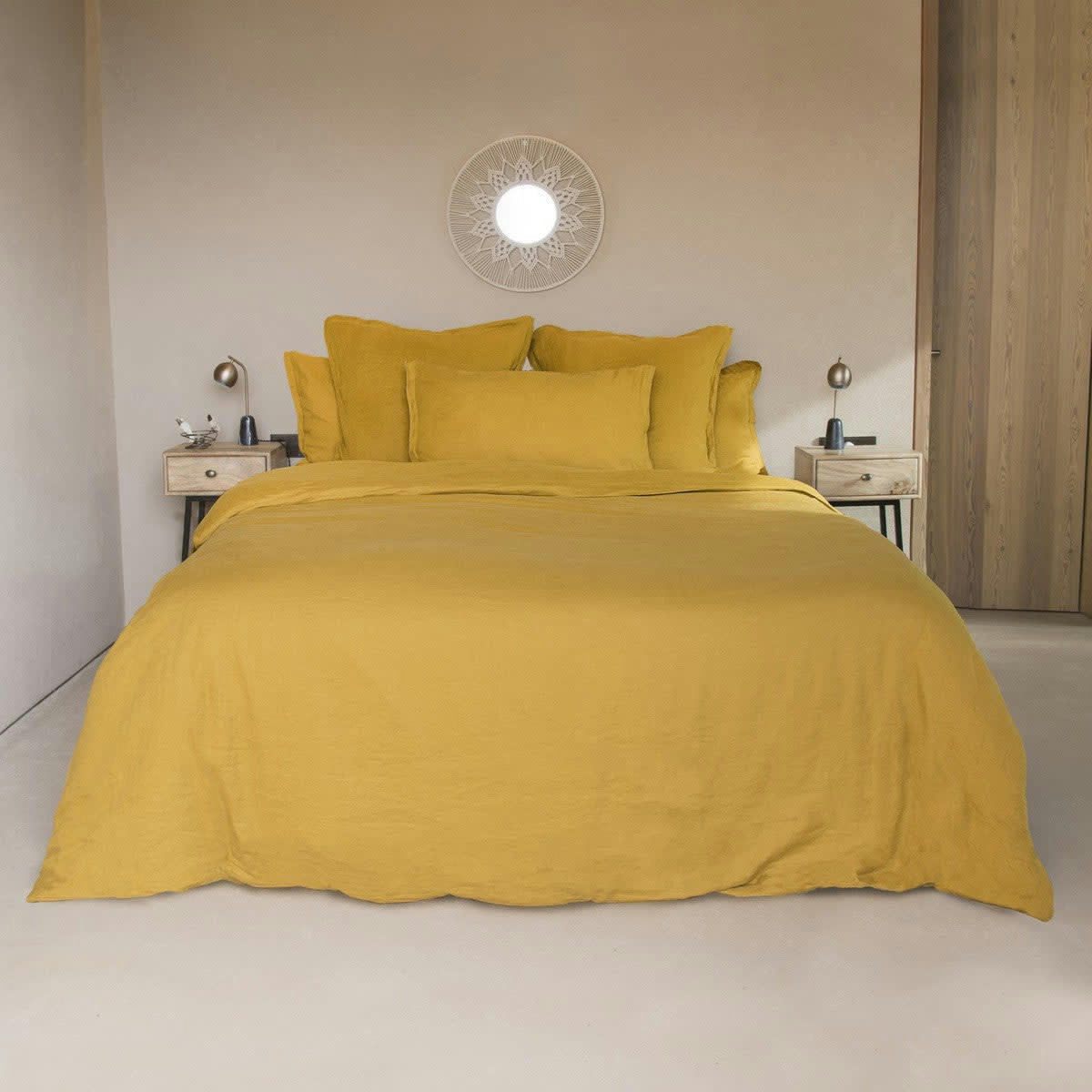 HORTENSE - Drap housse lin lavé  180x200x40 jaune moutarde