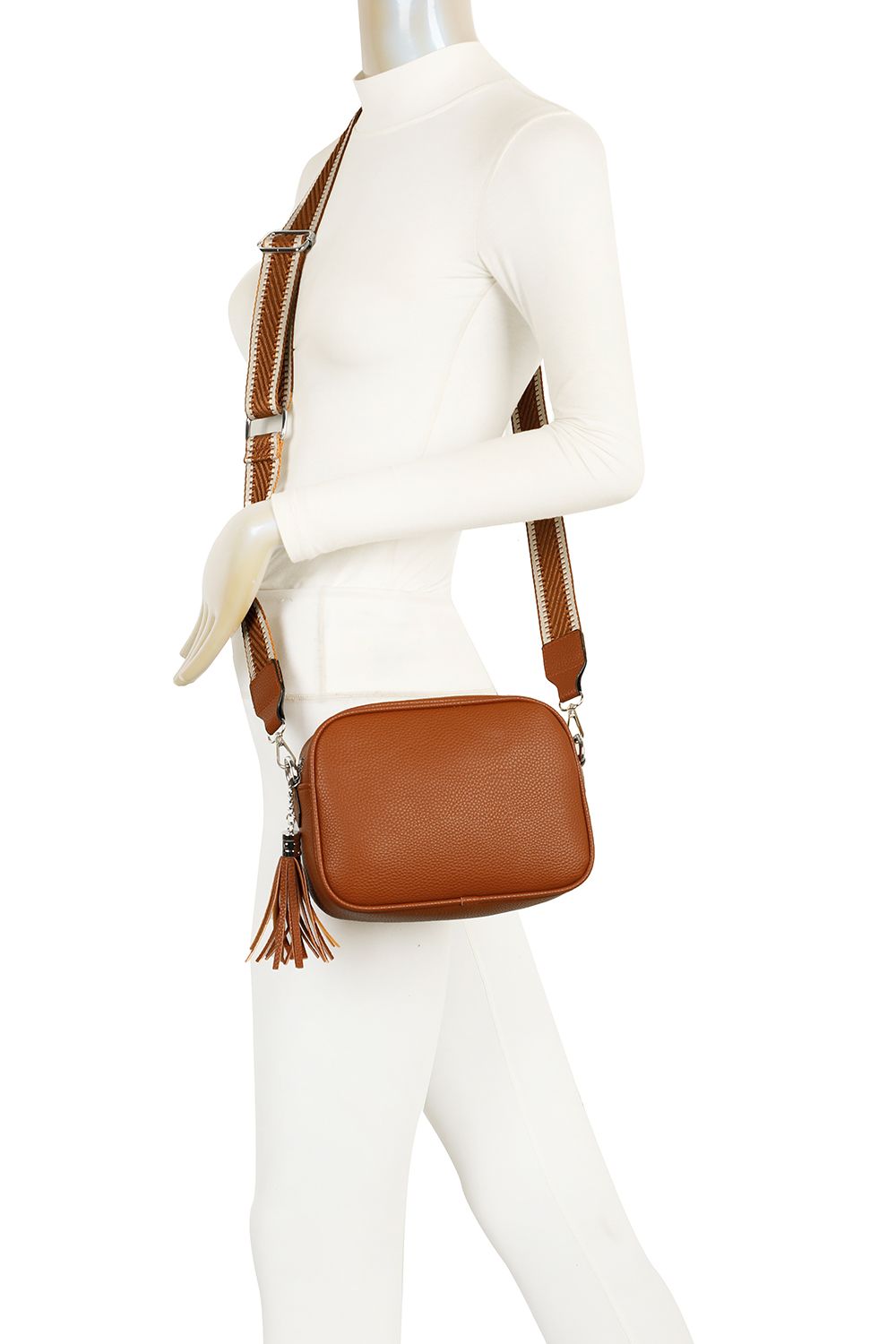 Fontanella Fashion Moka Tassel Zip PU Crossbody Camera Bag with Canvas Strap