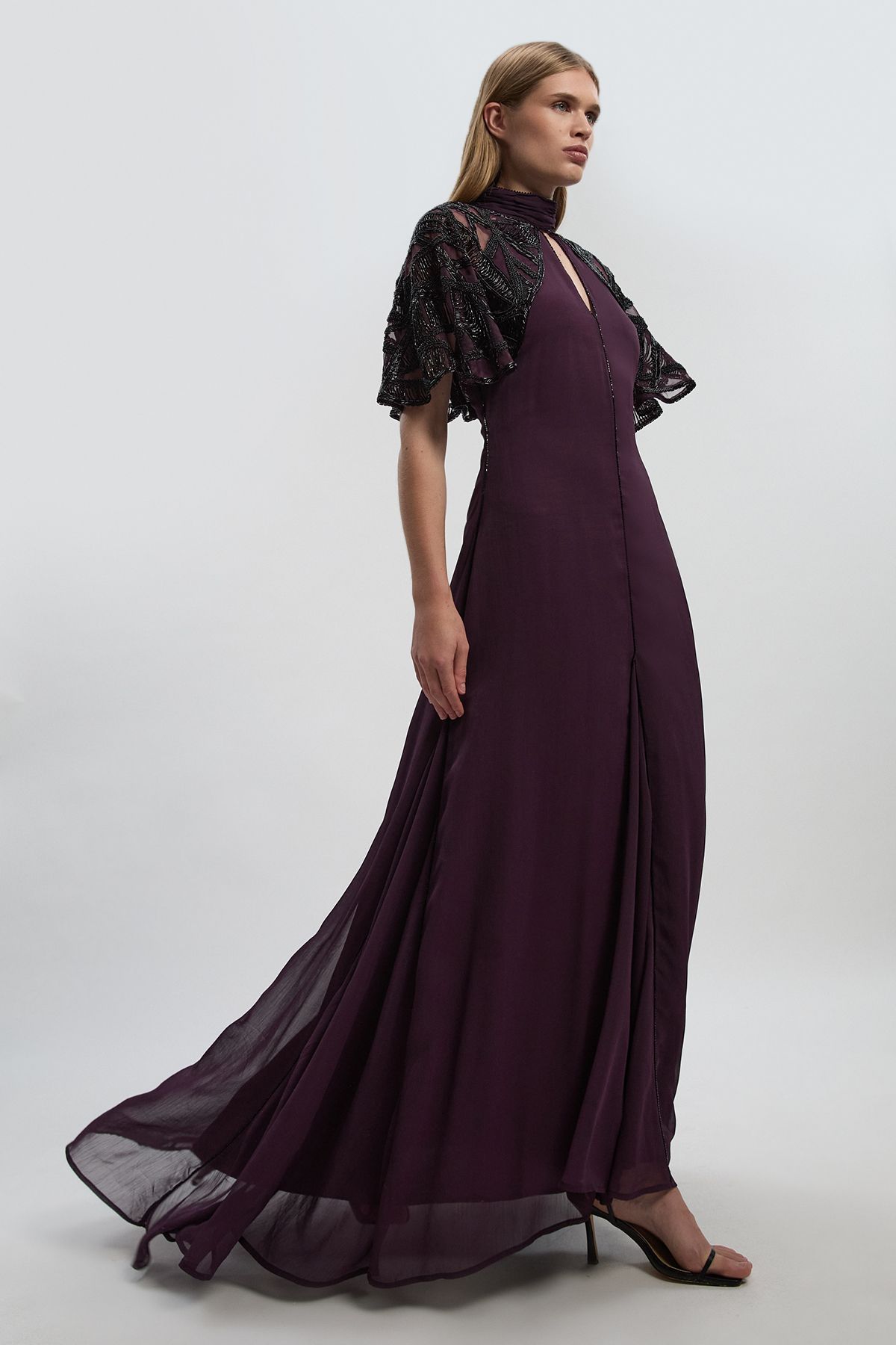 KarenMillen Petite Crystal Embellished Cutwork Cape Detail Woven Maxi Dress